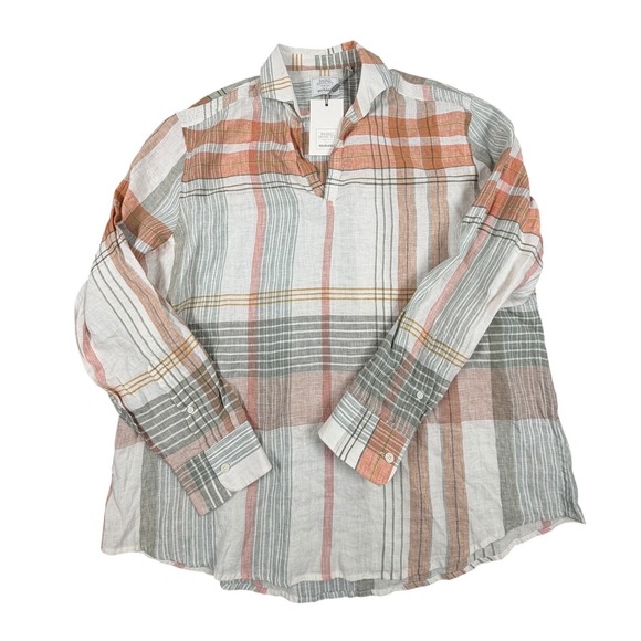 Murano Tops - Murano Baird McNutt Linen Shirt Women XL White Plaid Long Sleeve V-Neck Pullover